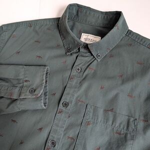 Frank & Oak St-Viateur Men's Forest Green / Fox Pattern 100% Cotton Shirt ~ Smal